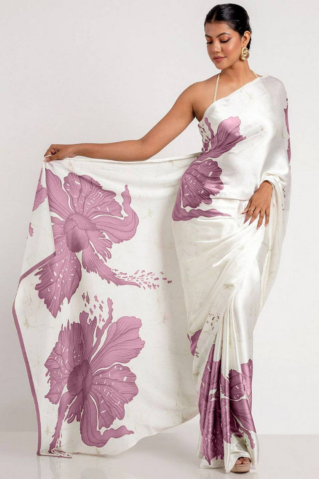 Pink Floral Printed Satin Saree