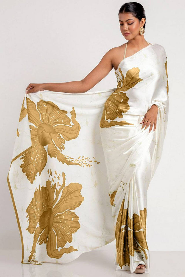 Mustard Floral Printed Satin Saree (Sudha-158-D)