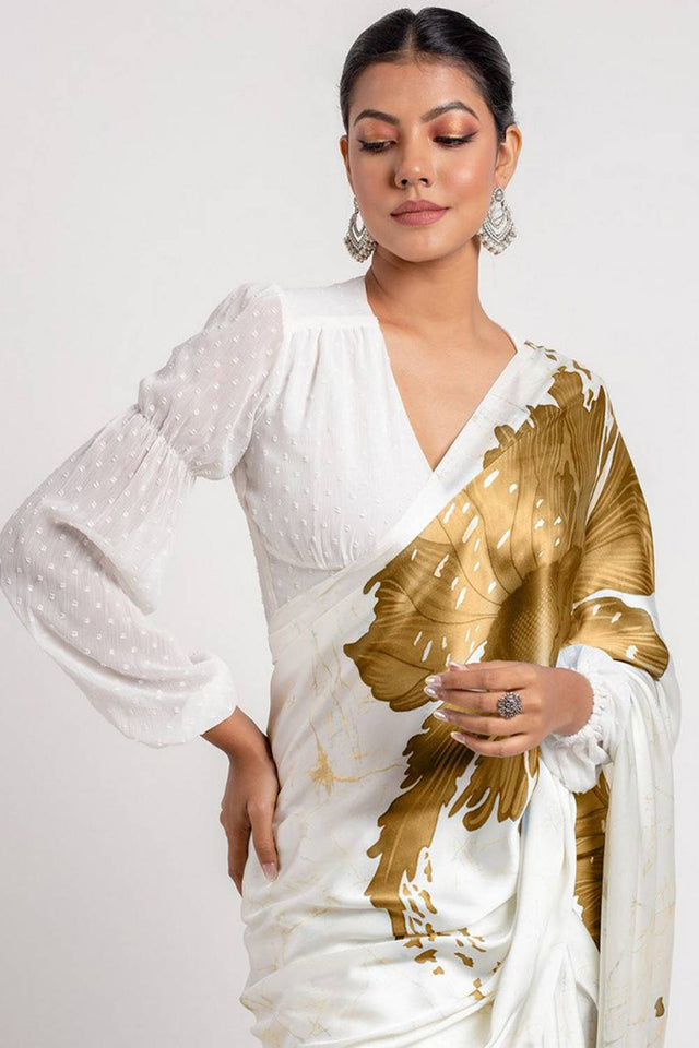 Mustard Floral Printed Satin Saree (Sudha-158-D)