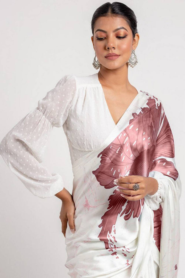 Brown Floral Printed Satin Saree