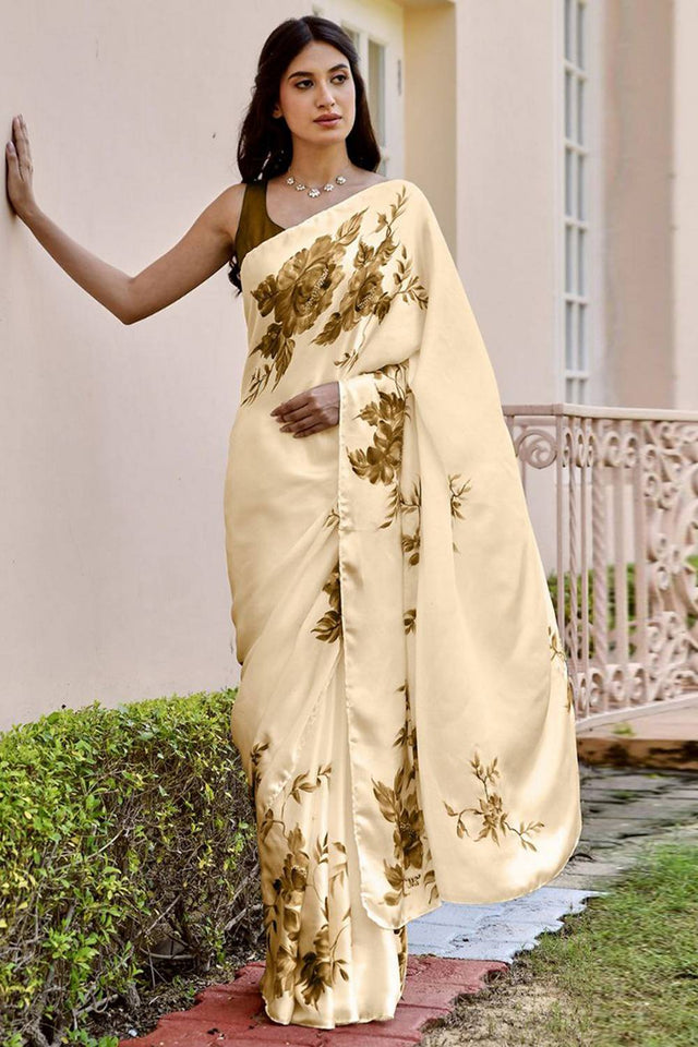 Cream Floral Printed Satin Saree