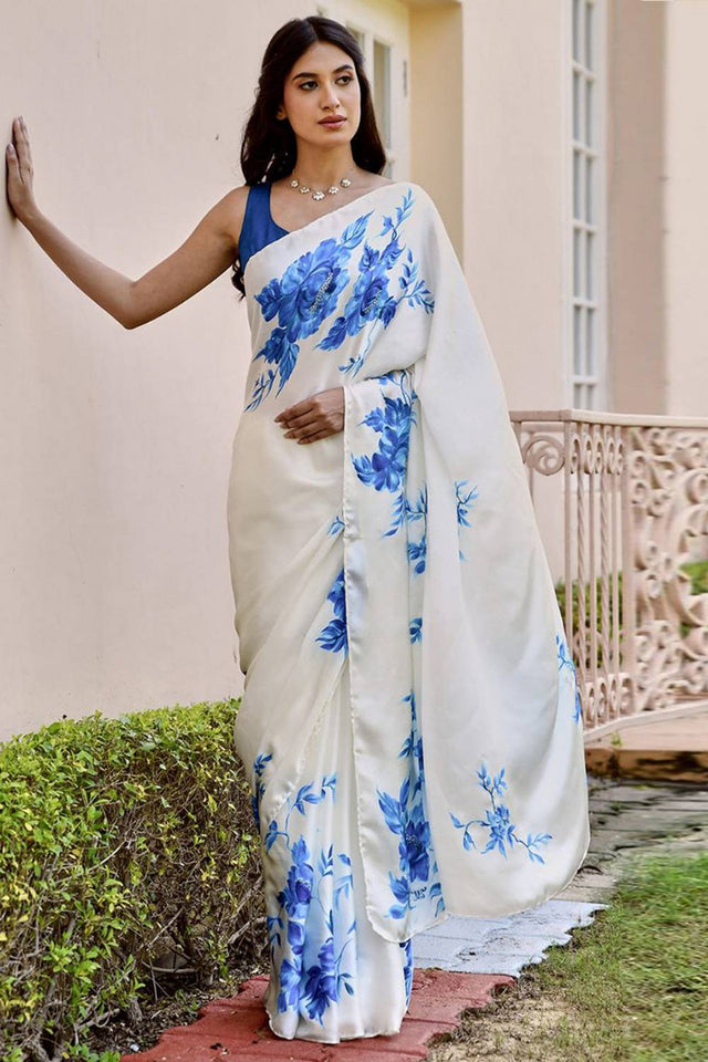White Floral Printed Satin Saree