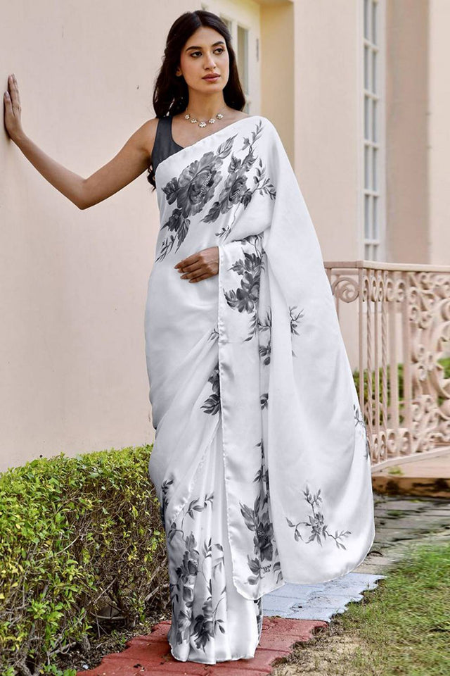 Light Grey Floral Printed Satin Saree