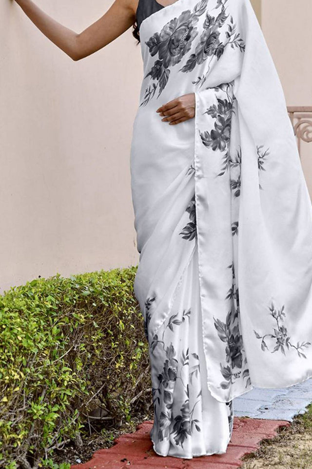 Light Grey Floral Printed Satin Saree