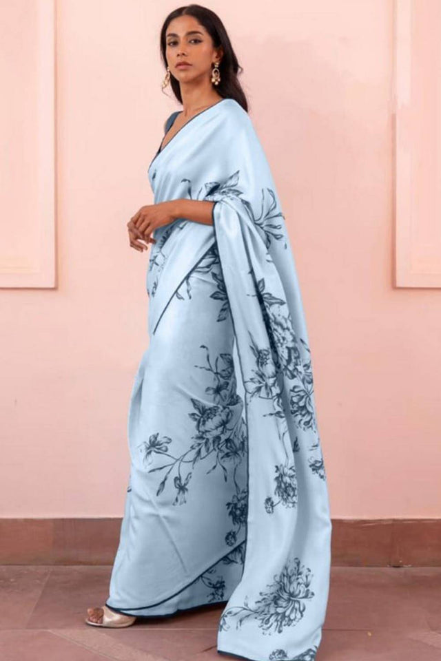 Light Blue Floral Printed Satin Saree