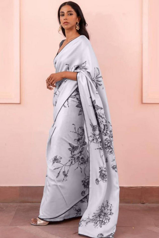 Light Grey Floral Printed Satin Saree