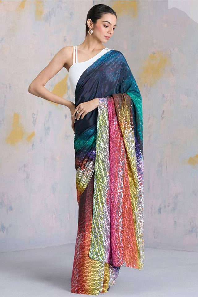Multi Color Printed Satin Saree