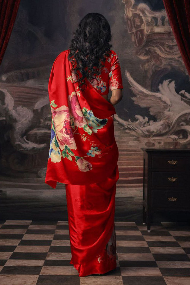 Red Printed Satin Saree (Sudha-165)