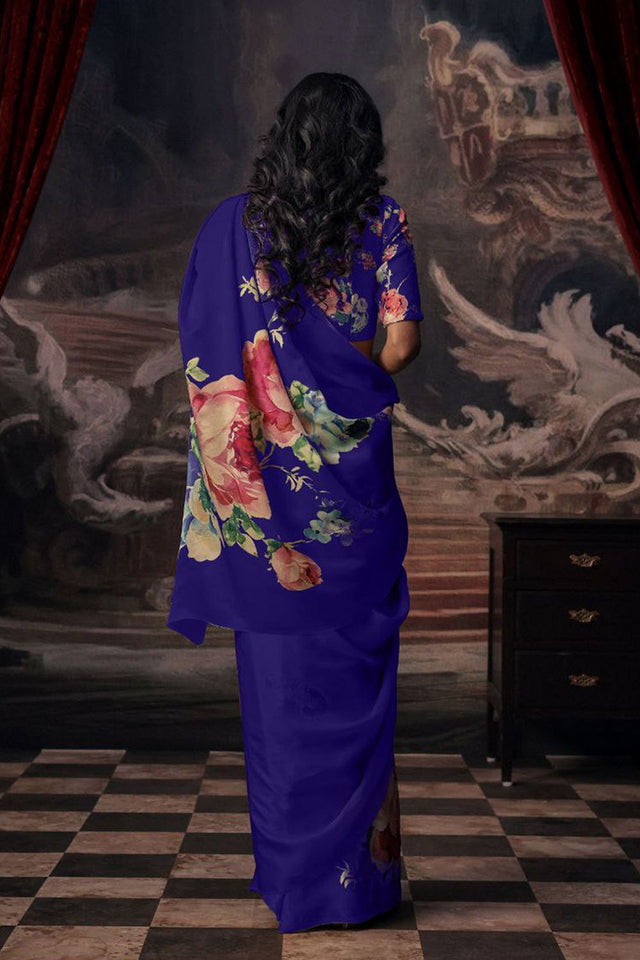 Royal Blue Printed Satin Saree (Sudha-165-A)