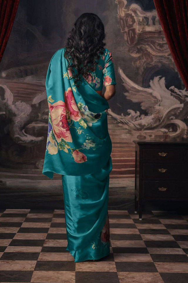 Light Blue Printed Satin Saree (Sudha-165-B)