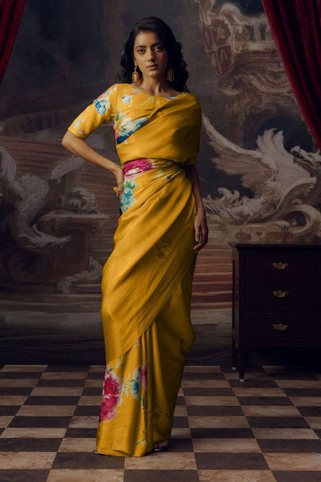 Yellow Printed Satin Saree (Sudha-165-C)