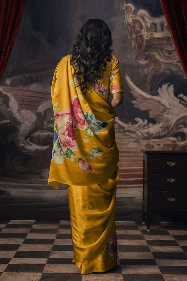 Yellow Printed Satin Saree (Sudha-165-C)
