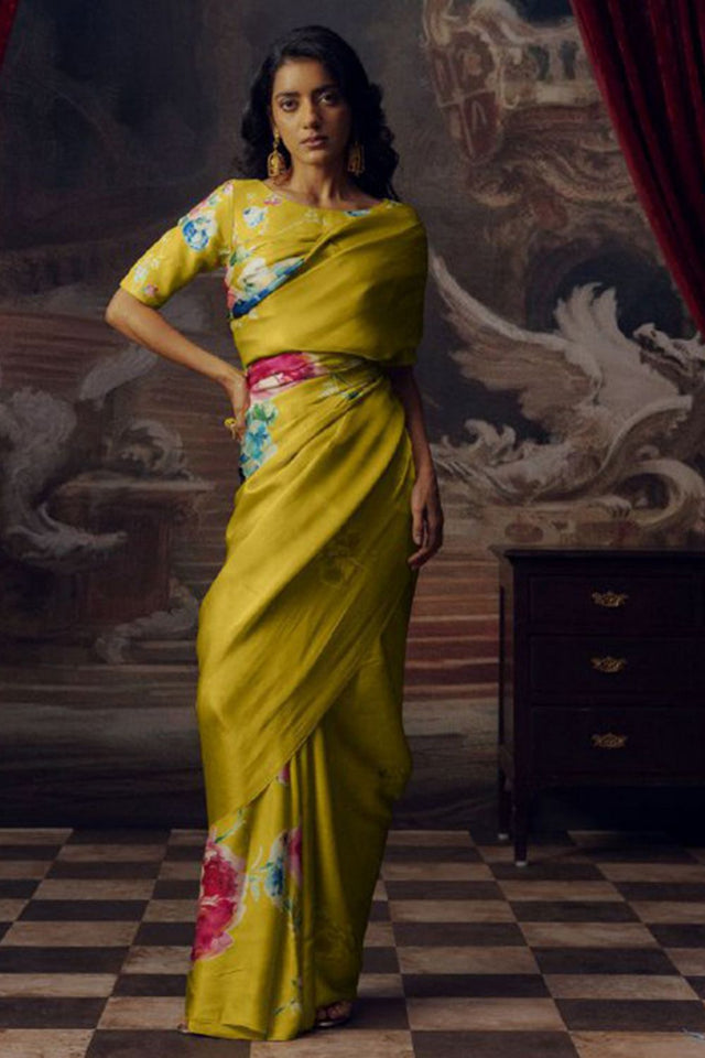 Olive Green Printed Satin Saree (Sudha-165-E)