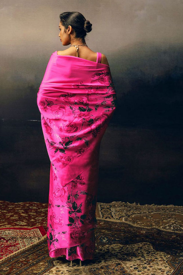 Magenta Printed Satin Saree (Sudha-166-A)