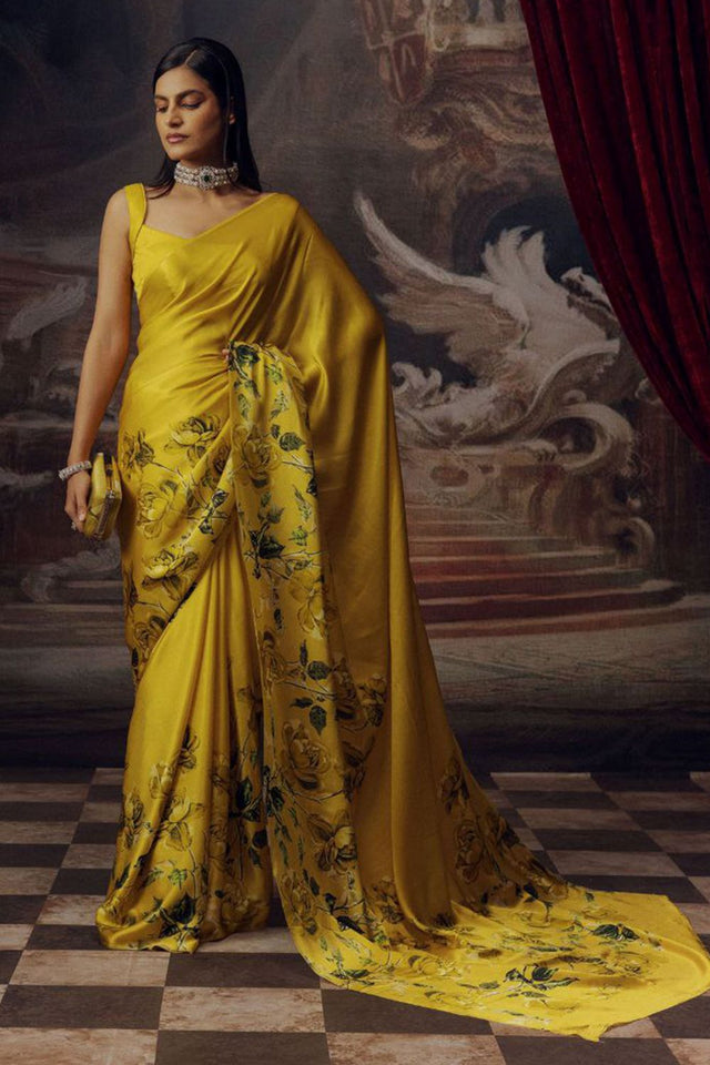 Yellow Printed Satin Saree (Sudha-166-C)