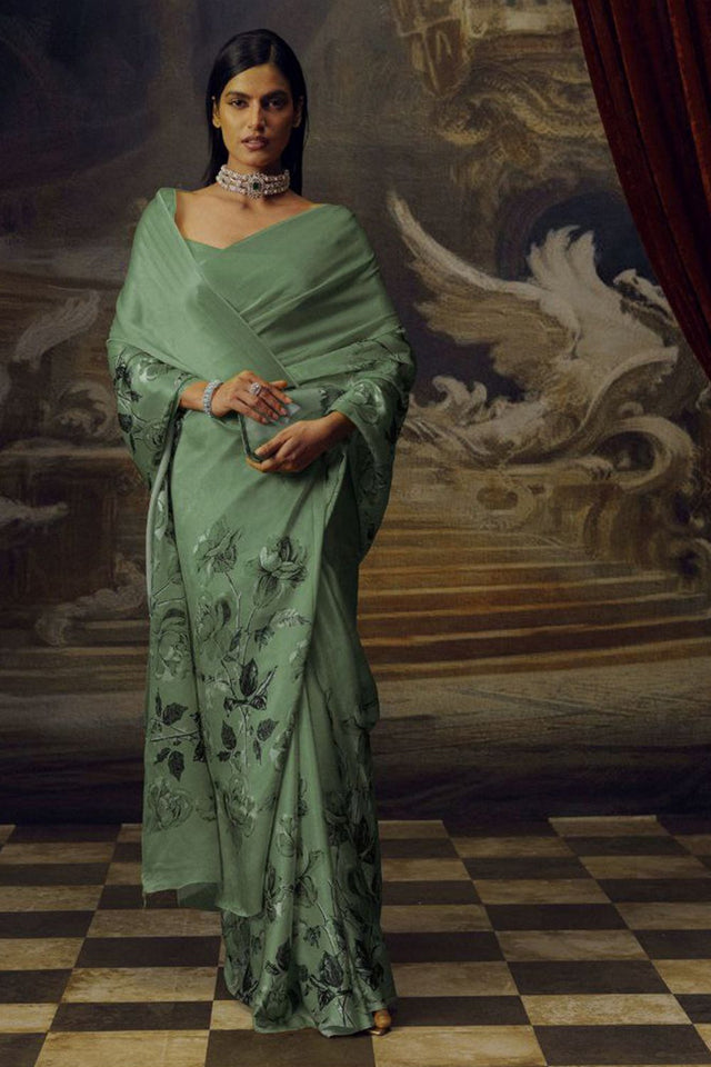Olive Green Printed Satin Saree (Sudha-166-E)