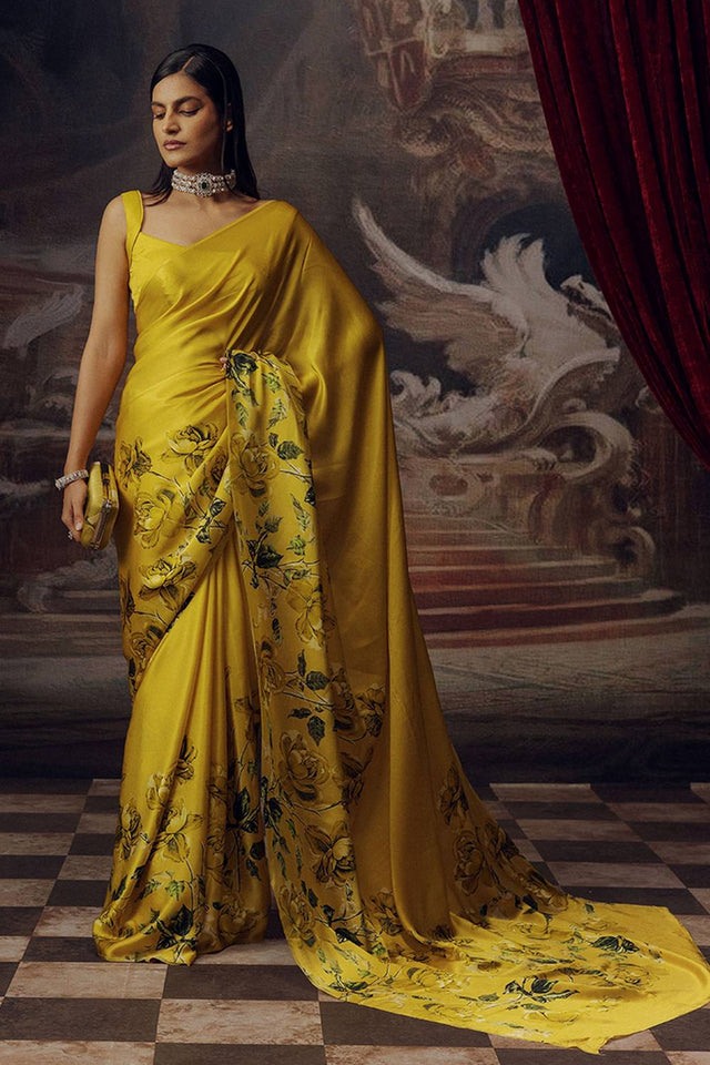 Mustard Floral Printed Satin Saree
