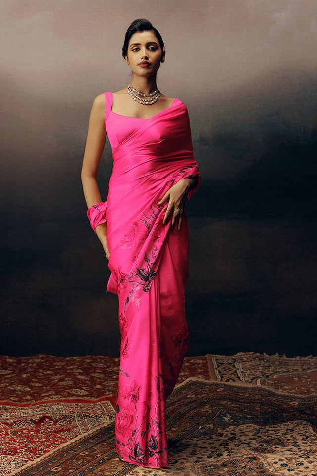 Magenta Floral Printed Satin Saree