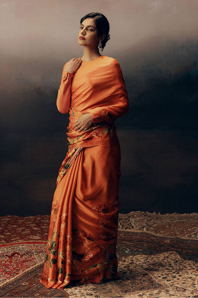 Orange Floral Printed Satin Saree