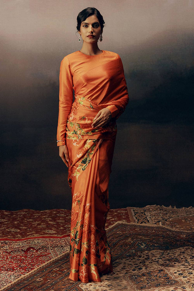 Orange Floral Printed Satin Saree
