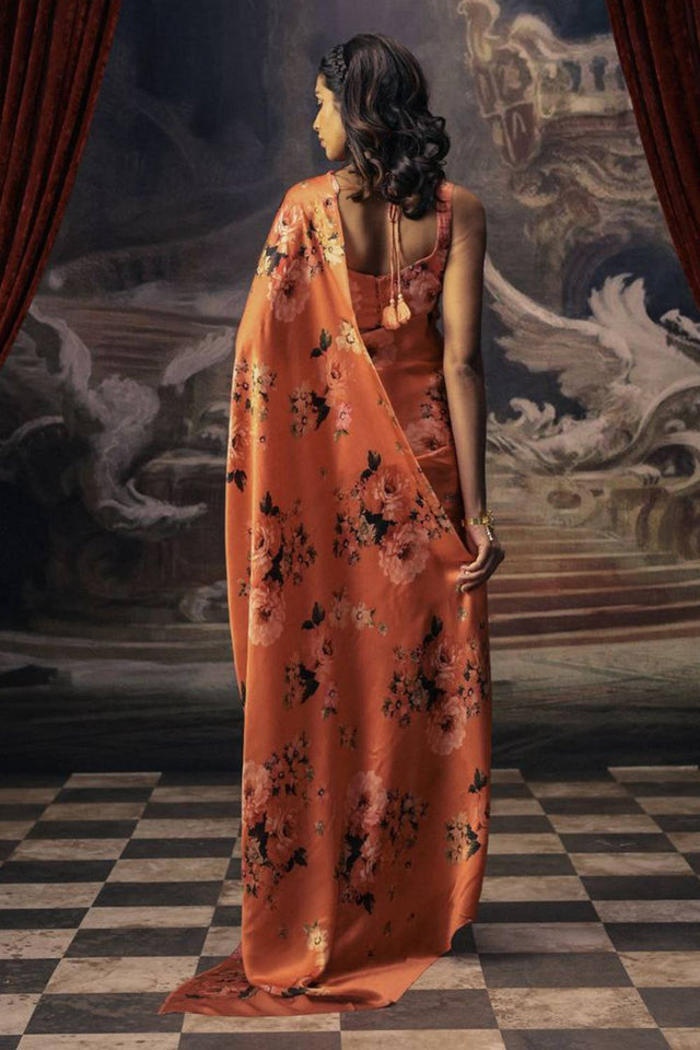 Orange Floral Printed Satin Saree