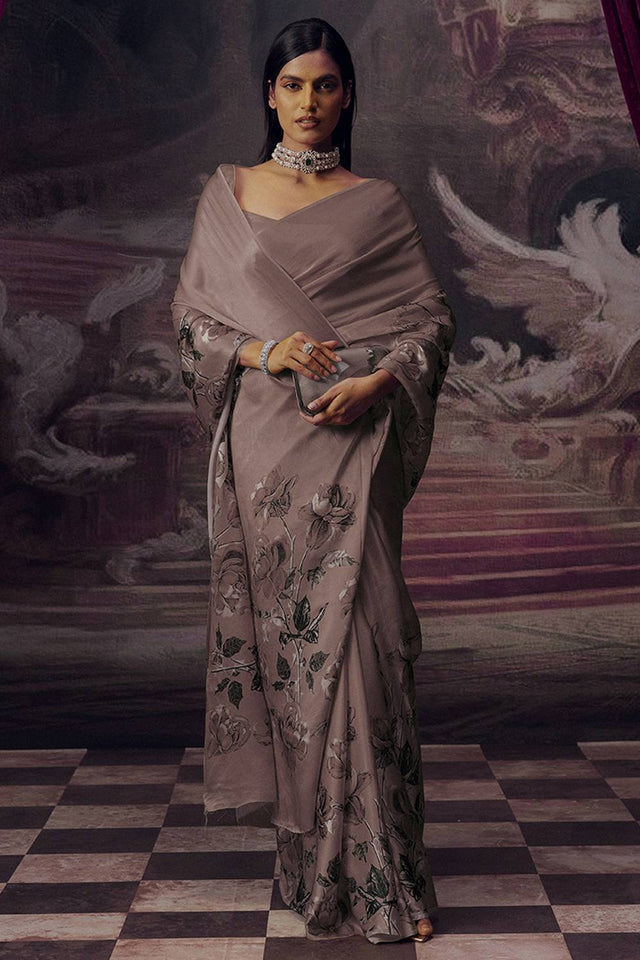 Grey Floral Printed Satin Saree