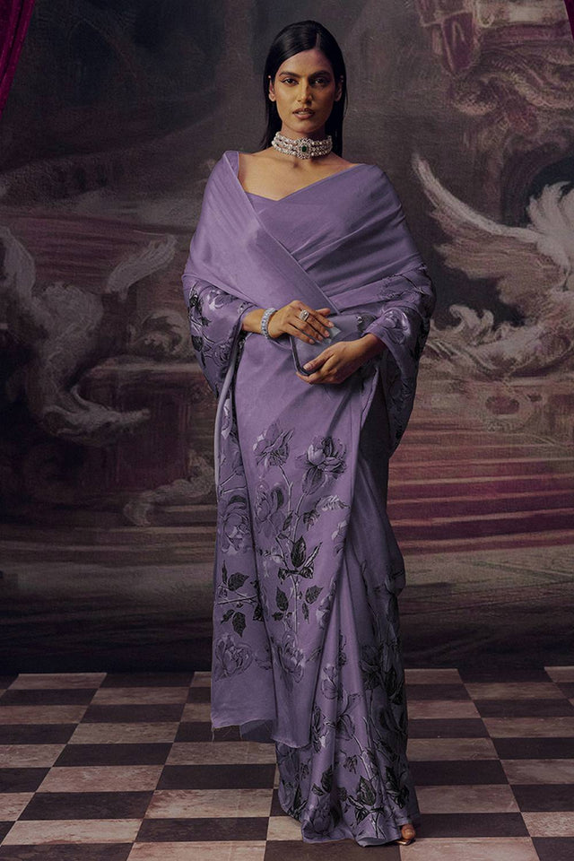 Lavender Floral Printed Satin Saree