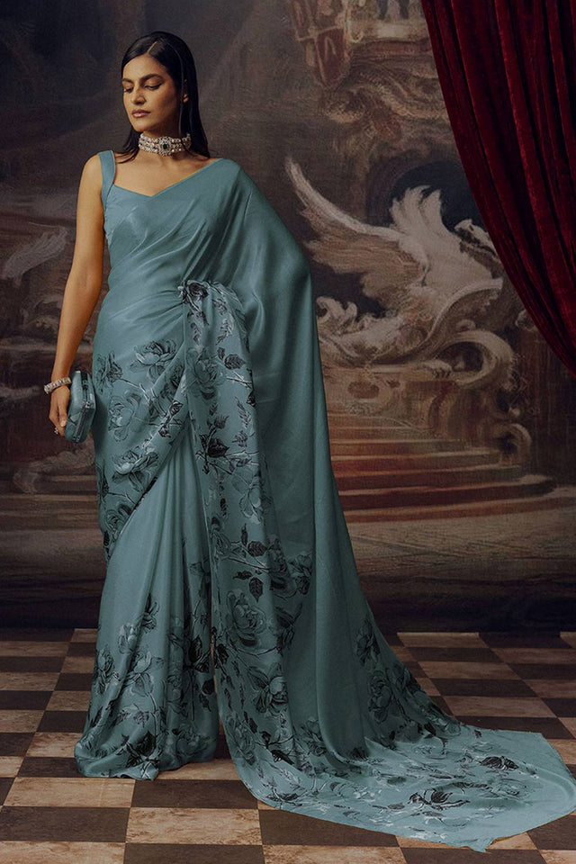 Light Blue Floral Printed Satin Saree