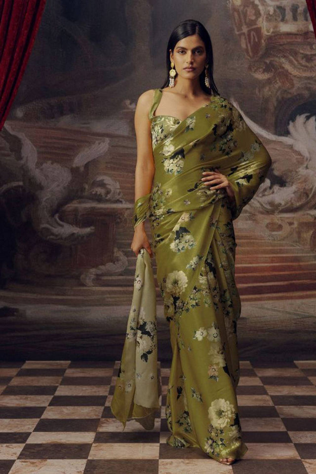 Olive Green Floral Printed Satin Saree