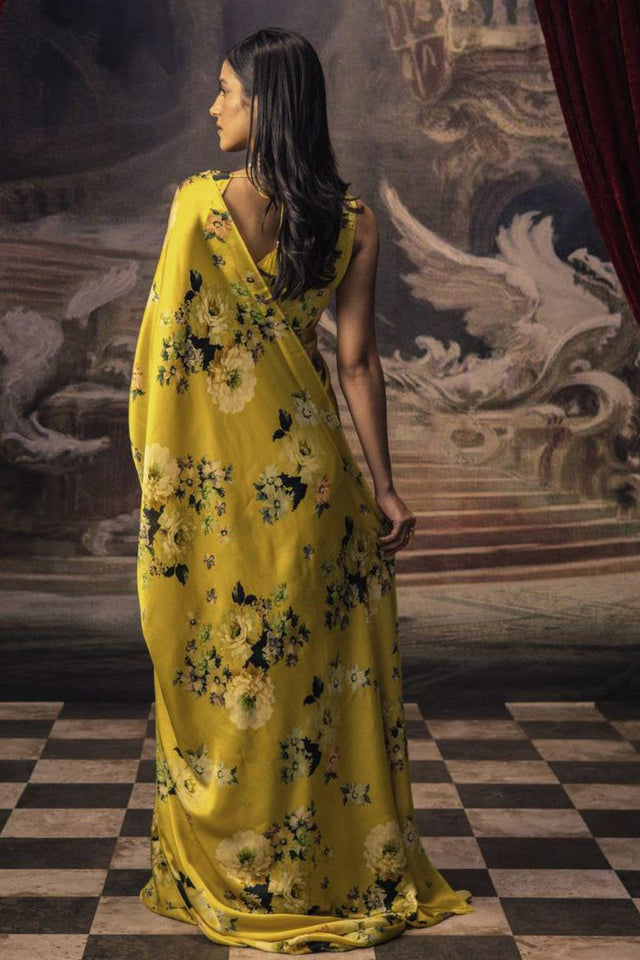 Olive Green Floral Printed Satin Saree