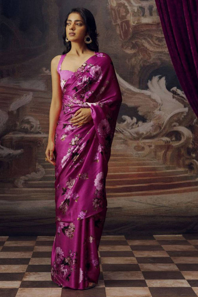 Magenta Floral Printed Satin Saree