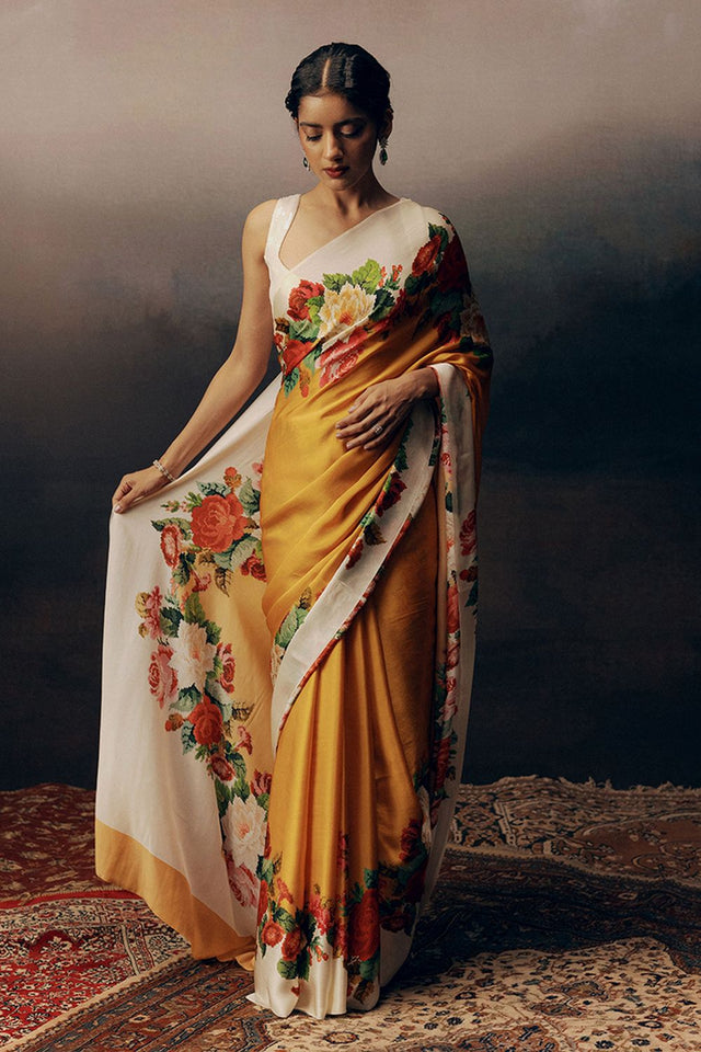 Mustard Printed Satin Saree (Sudha-17020)