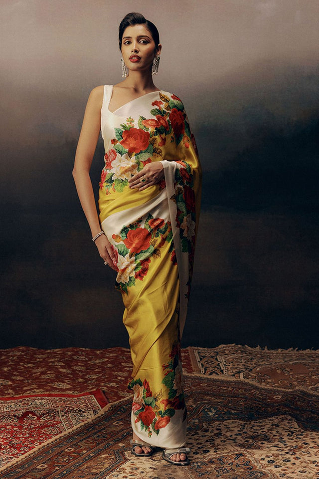 Yellow Printed Satin Saree (Sudha-17021)