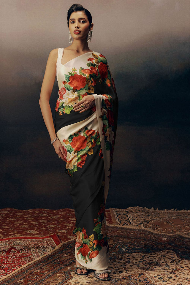 Black Printed Satin Saree (Sudha-17022)