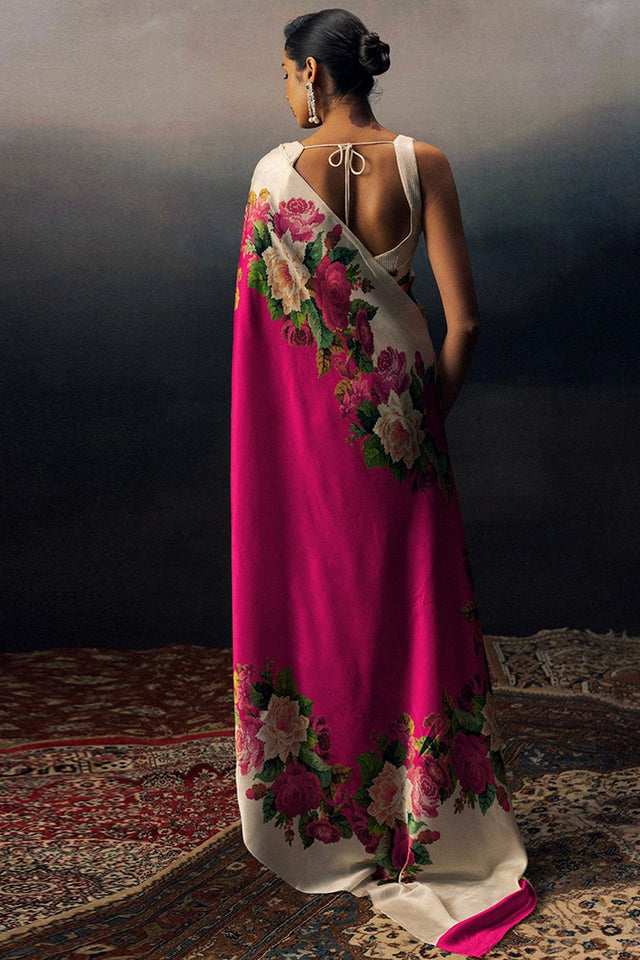 Magenta Printed Satin Saree (Sudha-17024)