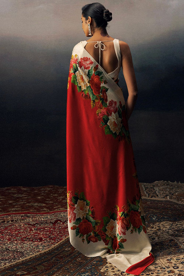 Red Printed Satin Saree (Sudha-17025)