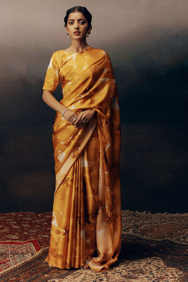 Orange Printed Satin Saree (Sudha-17029)