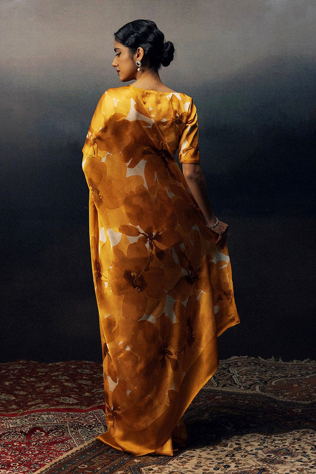 Orange Printed Satin Saree (Sudha-17029)