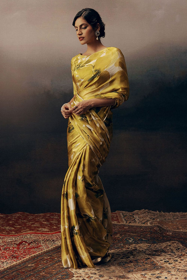 Mustard Printed Satin Saree (Sudha-17030)