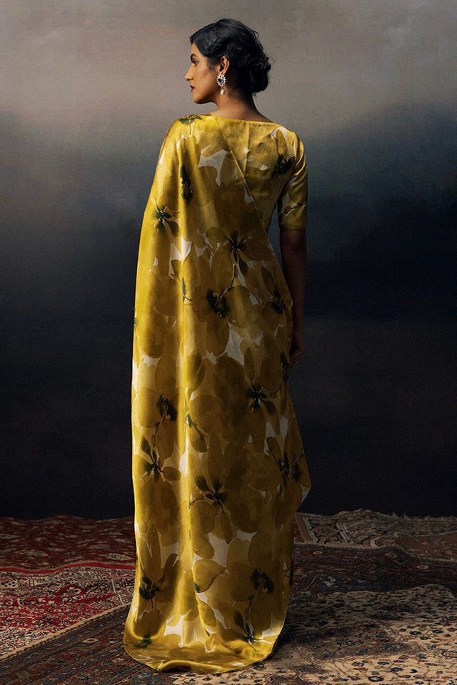 Mustard Printed Satin Saree (Sudha-17030)