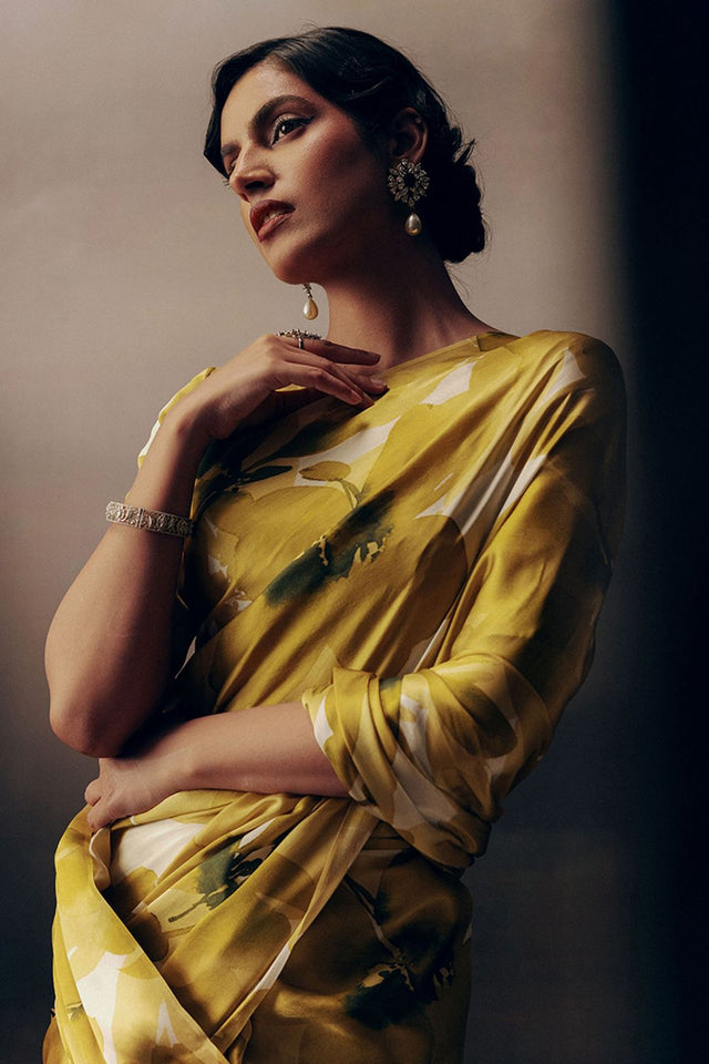 Mustard Printed Satin Saree (Sudha-17030)