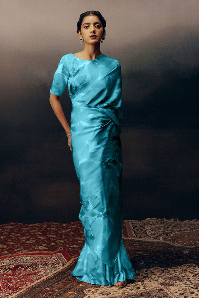 Light Blue Printed Satin Saree (Sudha-17032)
