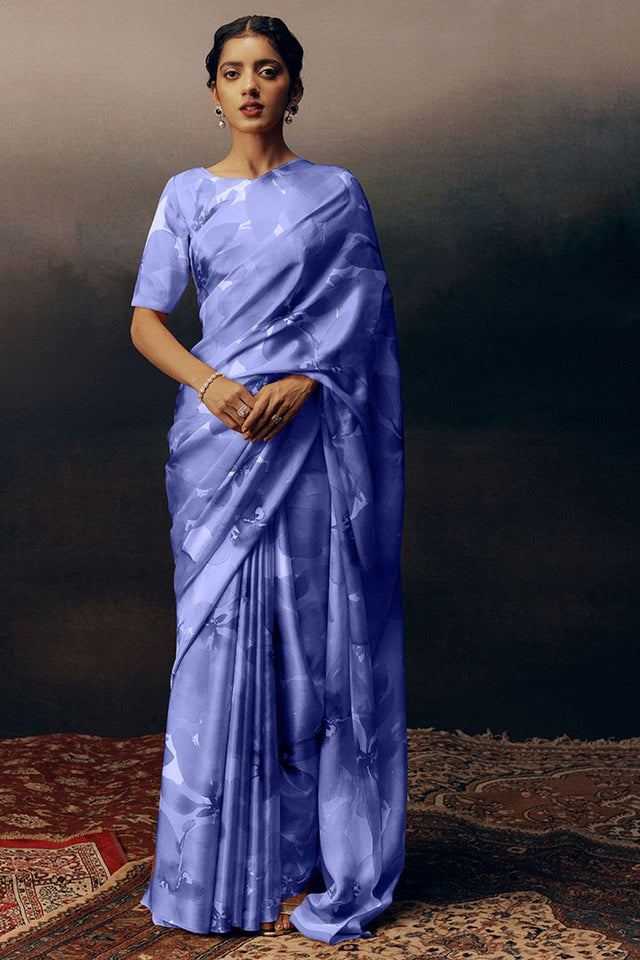 Blue Printed Satin Saree (Sudha-17033)