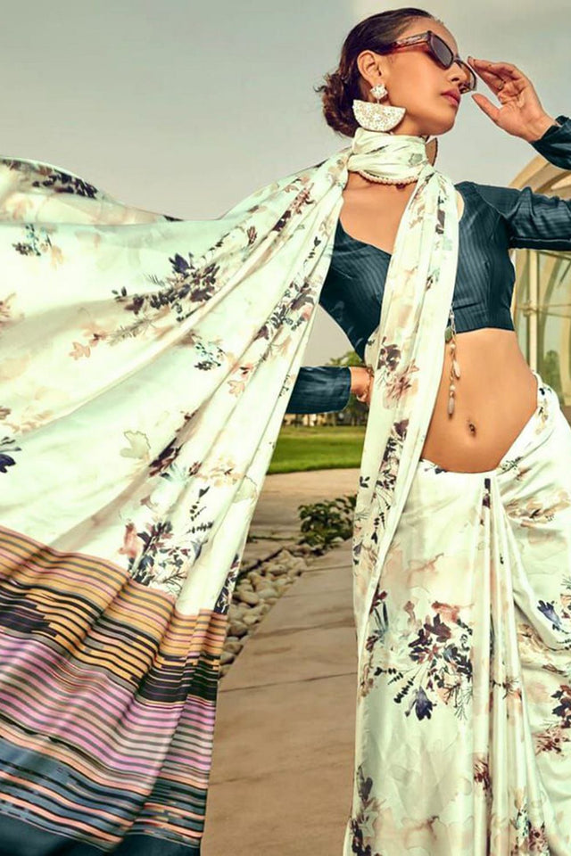 Off White Printed Satin Saree (Sudha-187)