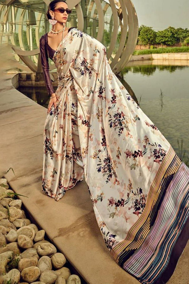 Off White Printed Satin Saree (Sudha-187-C)