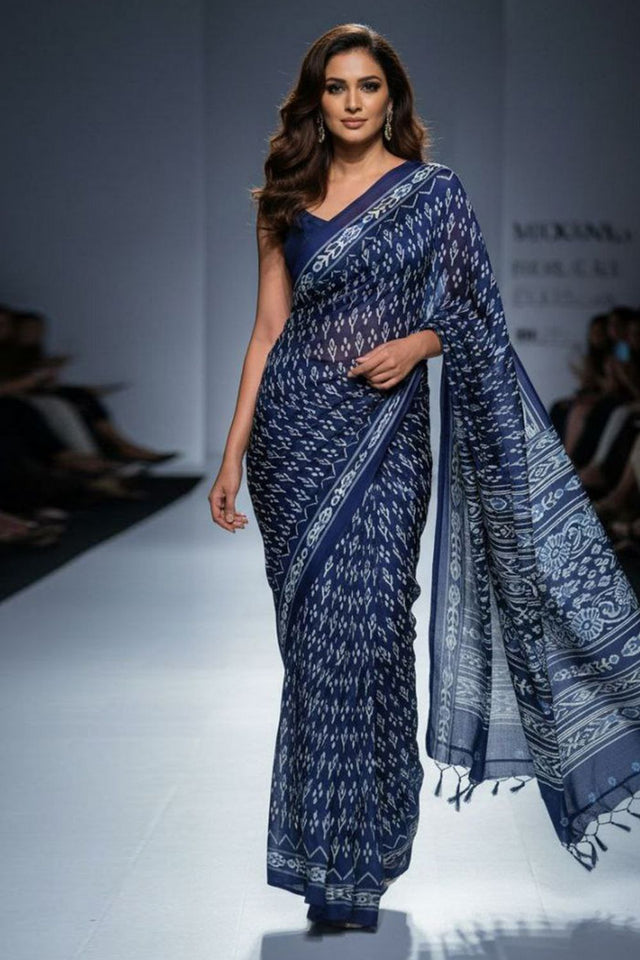 Blue Printed Satin Saree (Sudha-188-A)