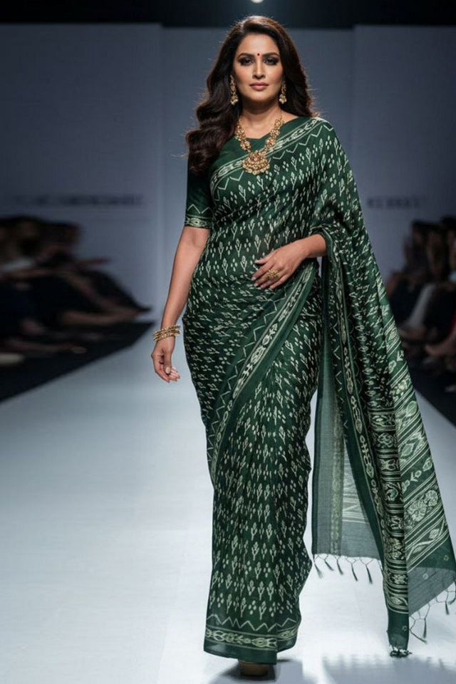 Dark Green Printed Satin Saree (Sudha-188-B)