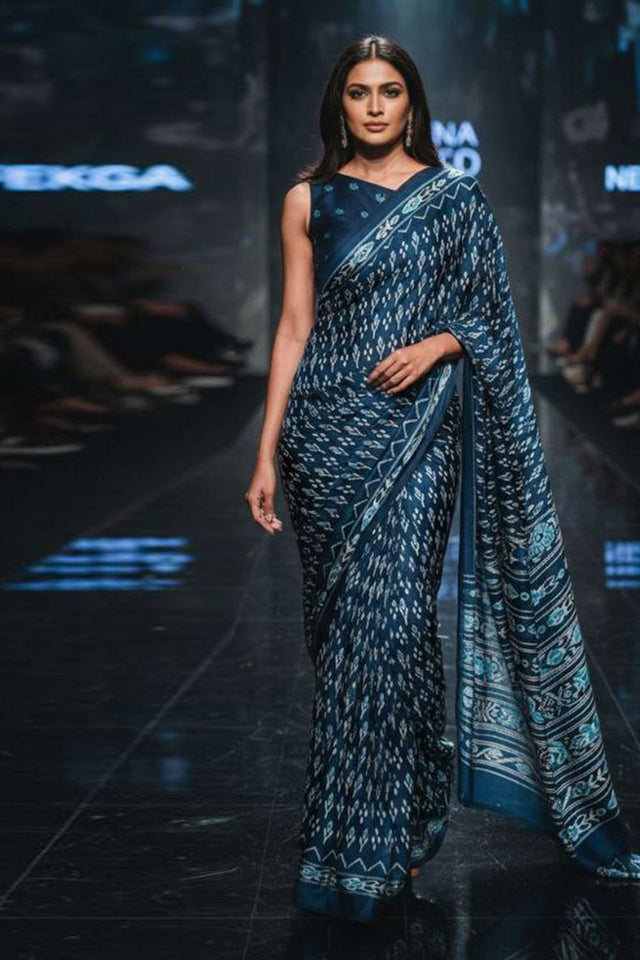 Navy Blue Printed Satin Saree (Sudha-188-E)