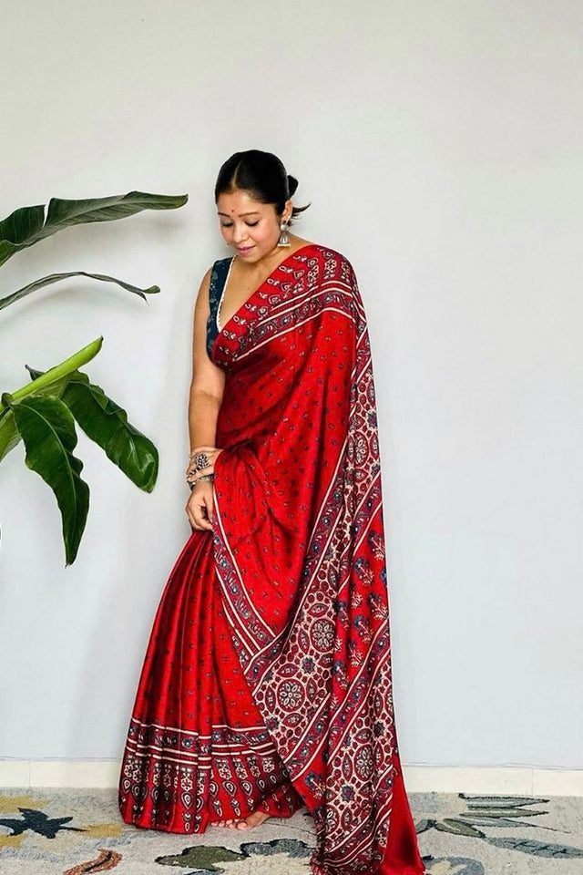 Red Printed Satin Saree (Sudha-190)