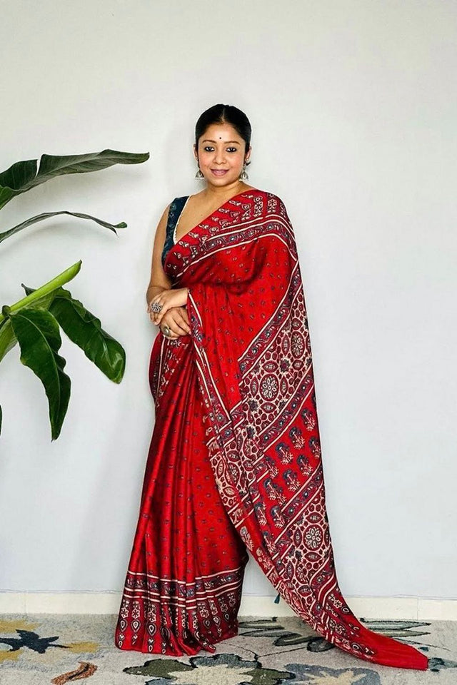 Red Printed Satin Saree (Sudha-190)